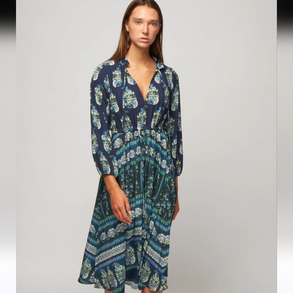 Cara Cara Tanglewood Floral Emerald Elegant Blue/Green Maxi Long Dress Sz S - Picture 1 of 7